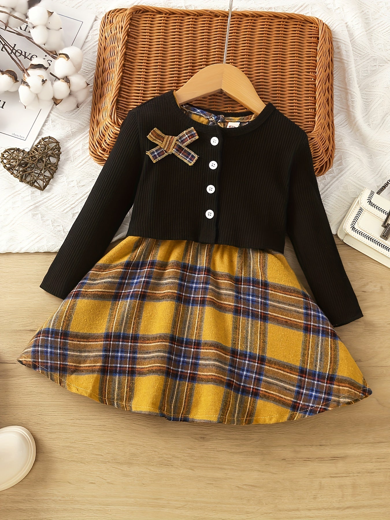 Toddler Girl's Plaid Dress & Cardigan Set for Spring Autumn Christmas