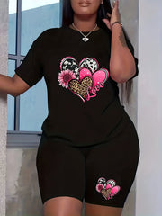 Women's Plus Flag Glasses & Letter Print Short Sleeve Top & Shorts Outfit Set