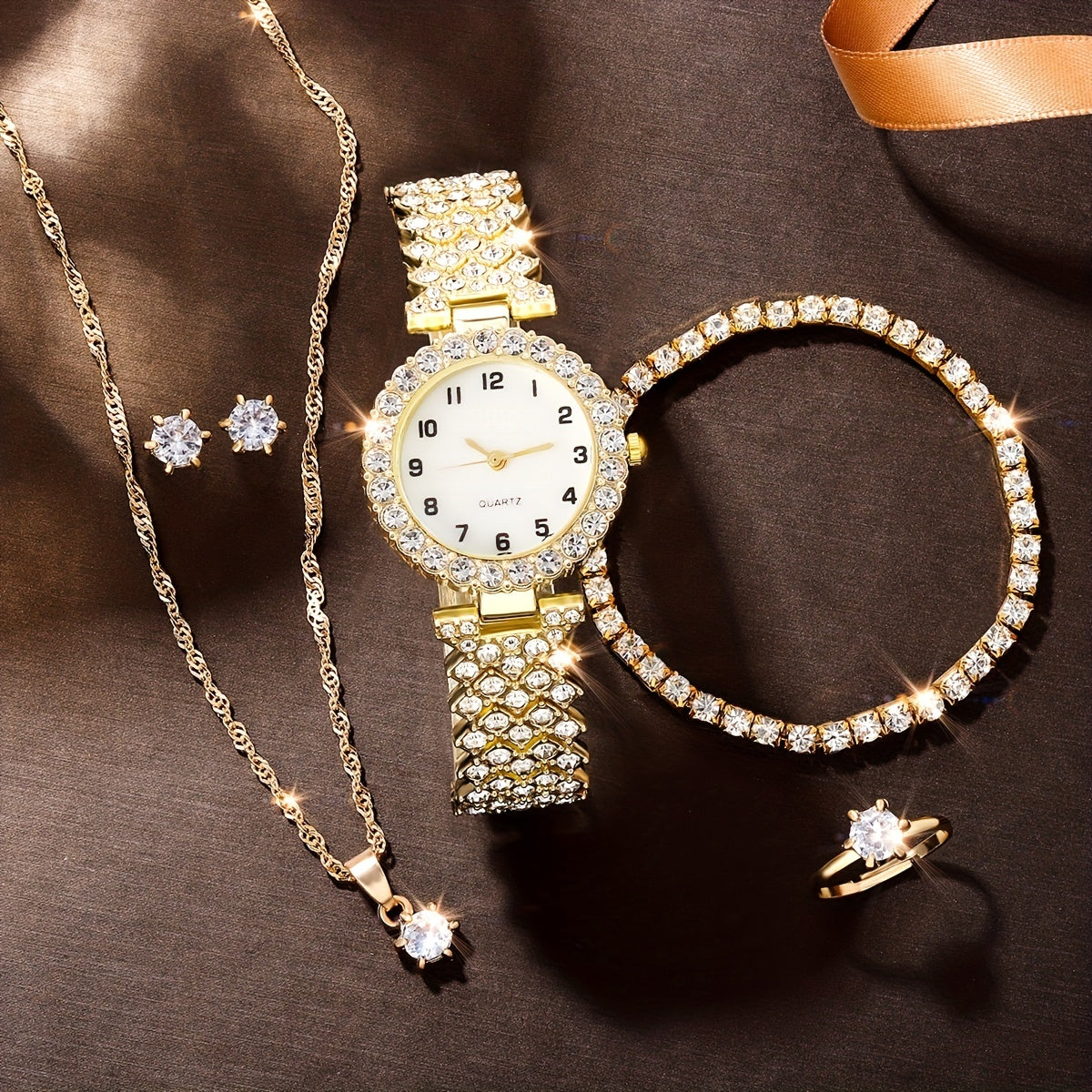 Kids Rhinestone Quartz Analog Watch & Jewelry Set