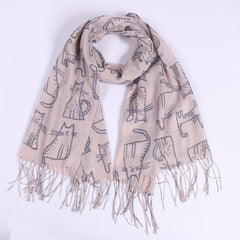 Cartoon Cat Print Tassel Scarf Solid Shawl Casual Windproof Head Wrap Women
