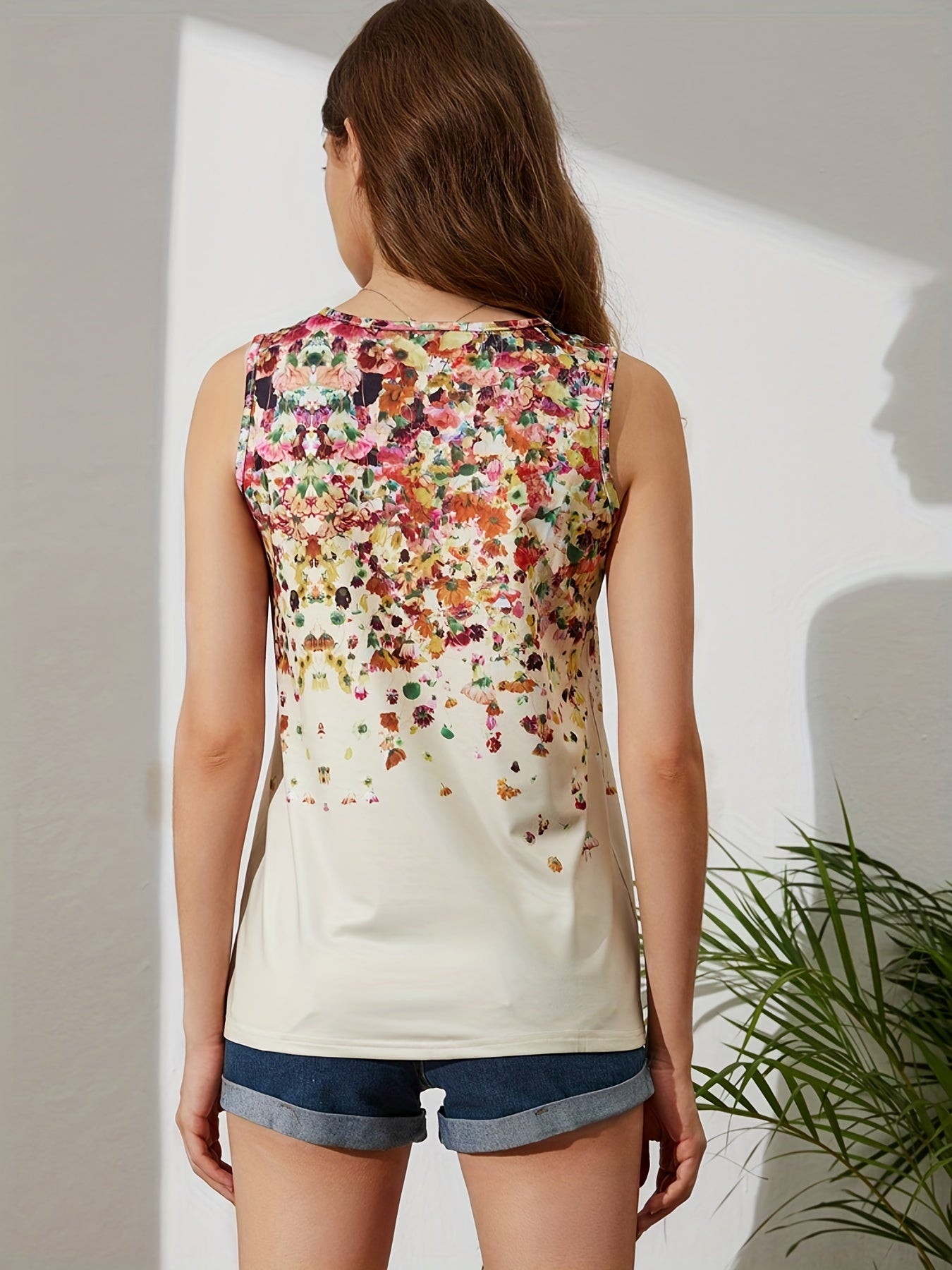 Vintage Floral Tank Top Sleeveless Crew Neck Casual