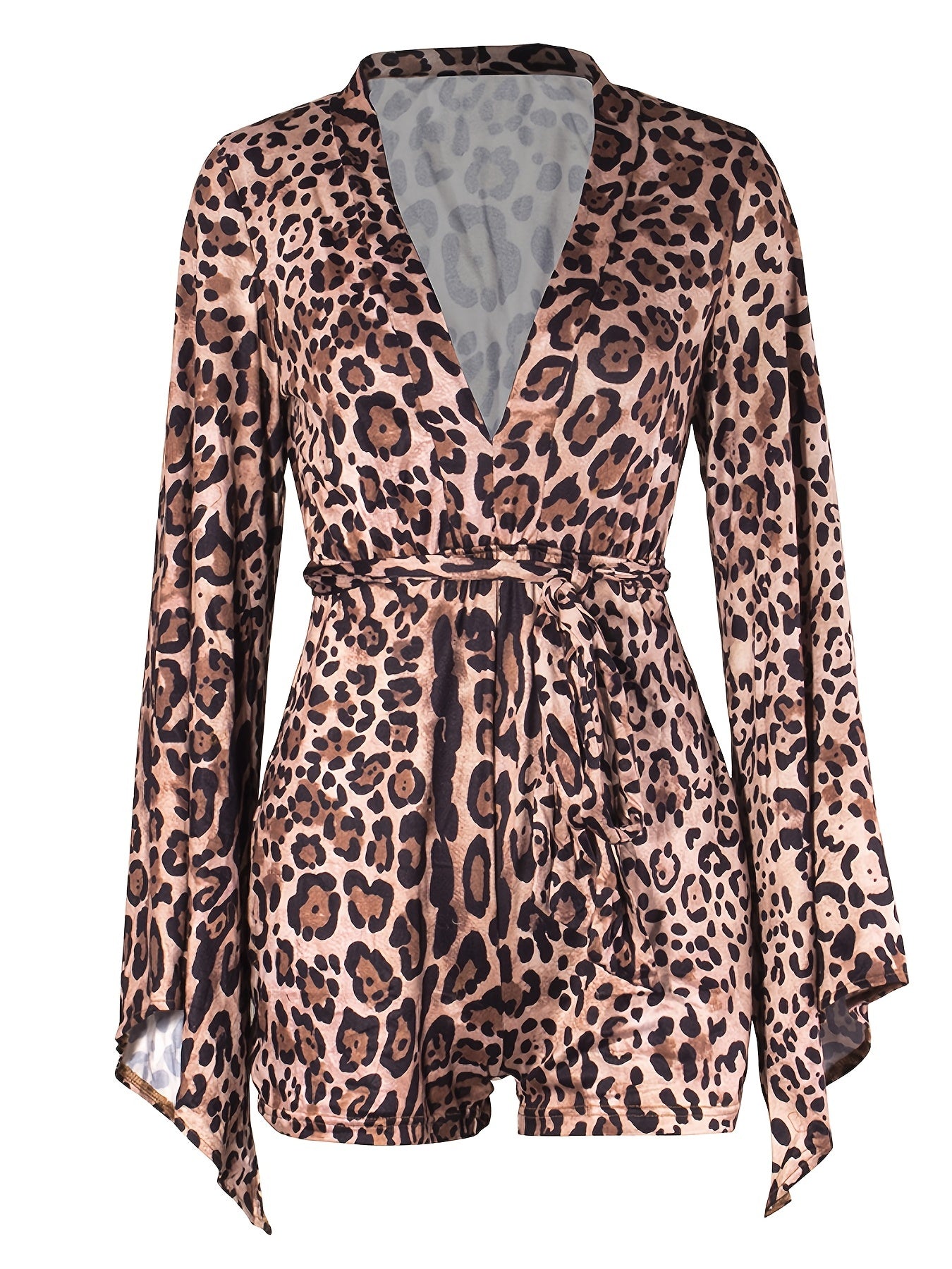 Leopard Print Flared Sleeve Jumpsuit V Neck Spring & Summer Women's Clothing