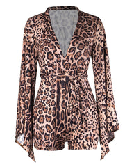 Leopard Print Flared Sleeve Jumpsuit V Neck Spring & Summer Women's Clothing