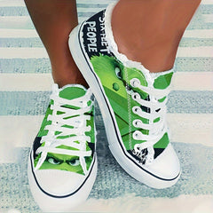 Women Cartoon Pattern Raw Trim Board Shoes Lightweight Low Cut Canvas Sneakers