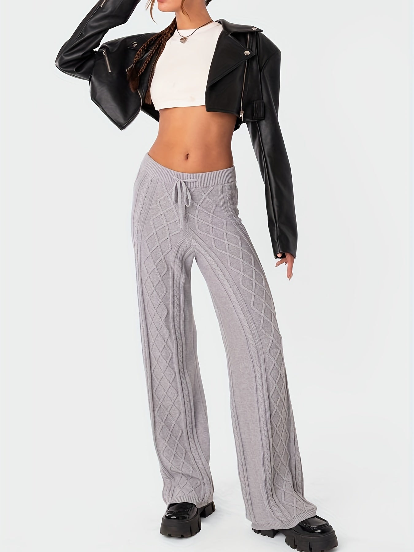 Street Style Sweater Pants Elastic Drawstring High Rise