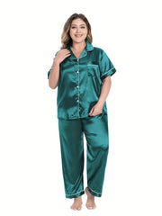 Satin Pajama Set Short Sleeve Button Up Shirt & Pants 2 Piece
