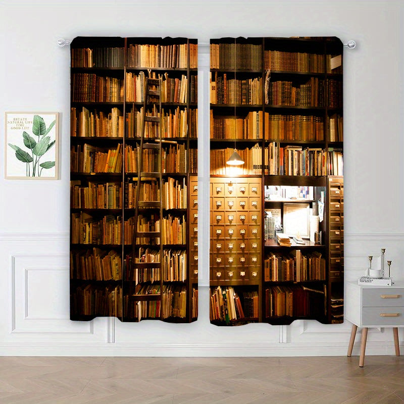 2pcs Bookshelf Print Curtains for Study Room Rod Pocket Window Drapes