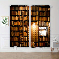 2pcs Bookshelf Print Curtains for Study Room Rod Pocket Window Drapes