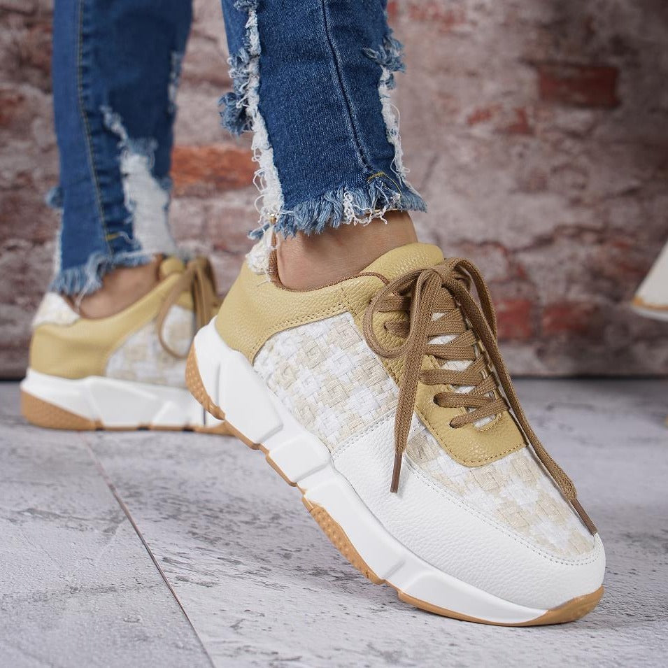 Women's Lightweight Sneakers Low Top Lace Up Knit & Faux Leather Patch Shoes