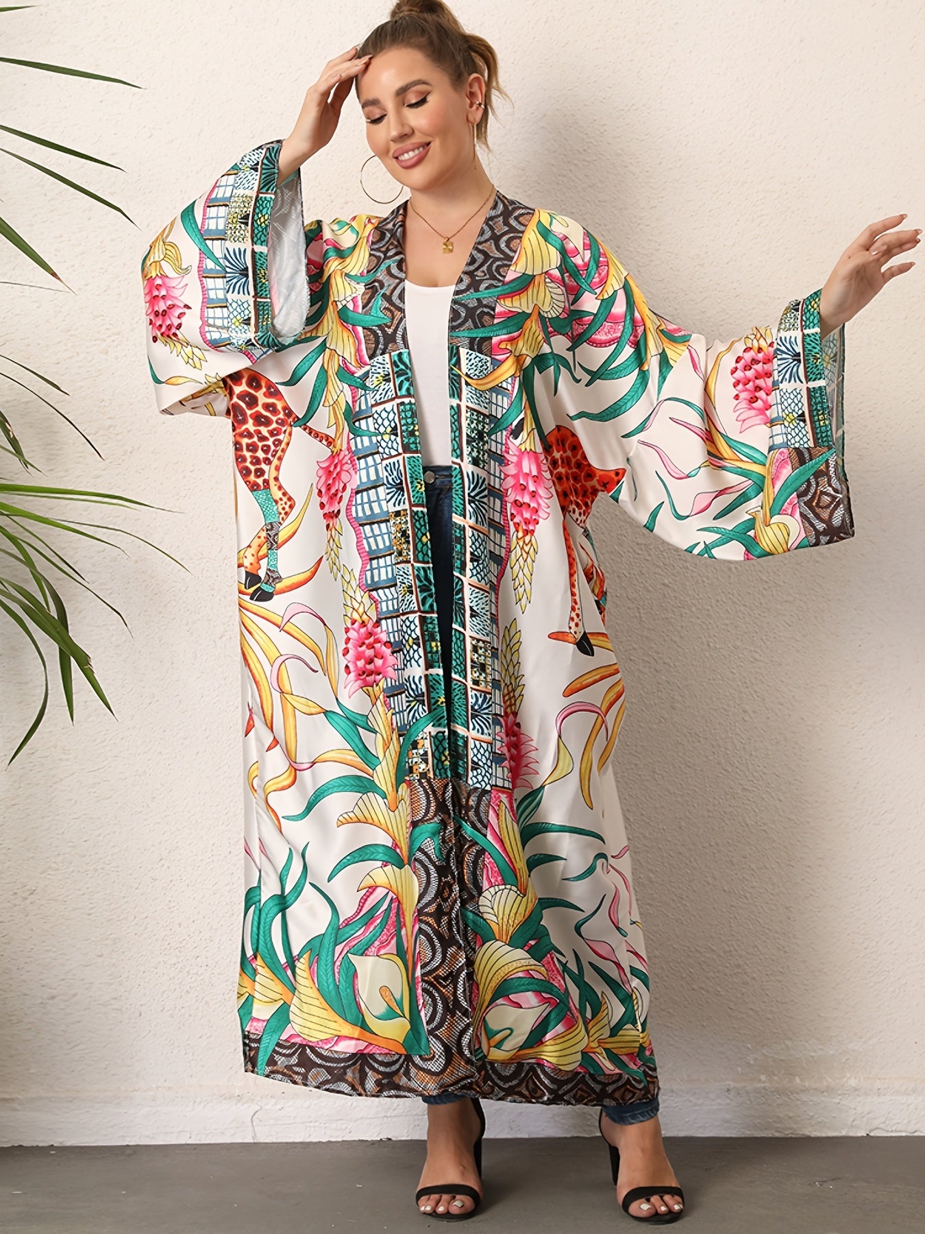 Boho Kimono Women's Plus Tribal Print Long Sleeve