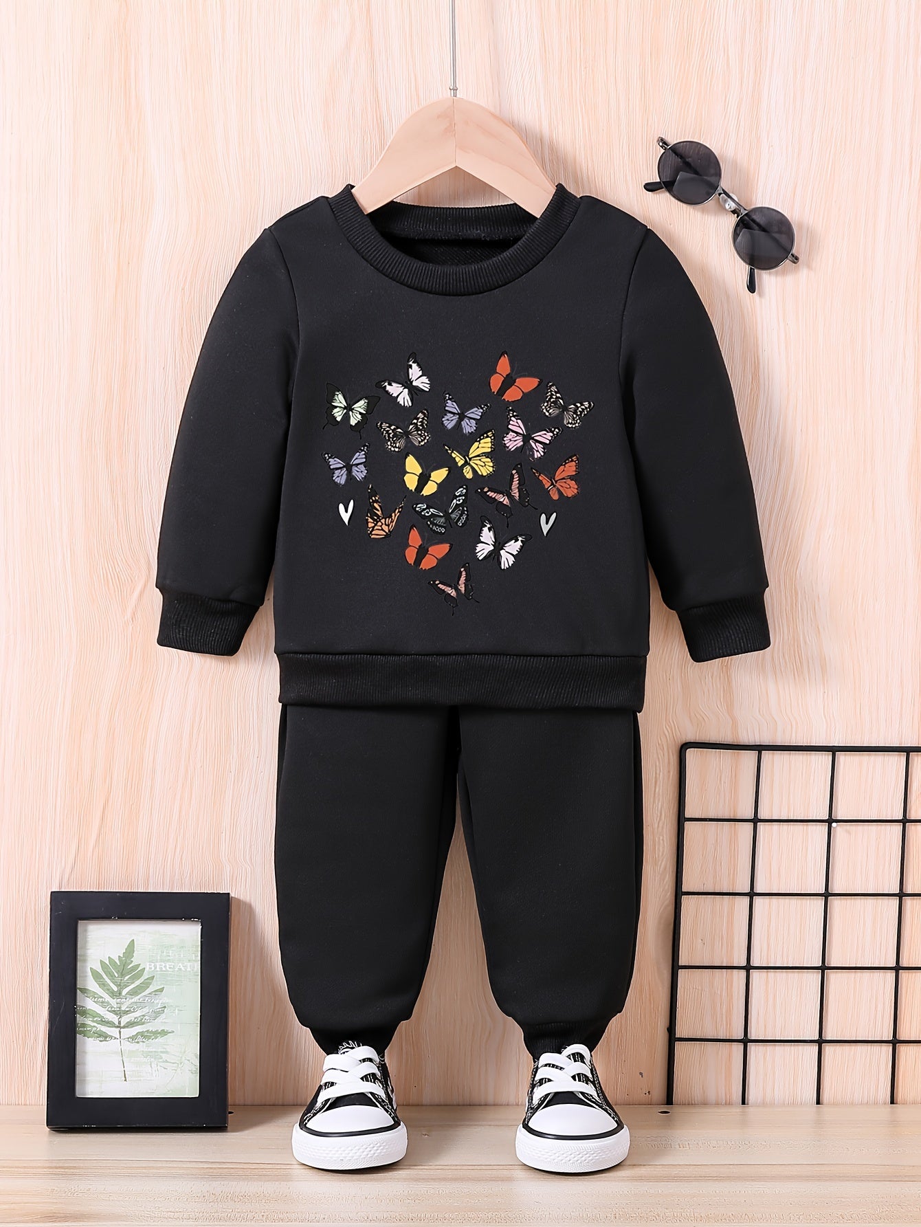 Kids Butterfly Graphic Outfit Baby Trousers Sweatshirt Set