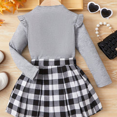 Girl's Mock Neck Top & Plaid Skirt Set Preppy Style Outfit