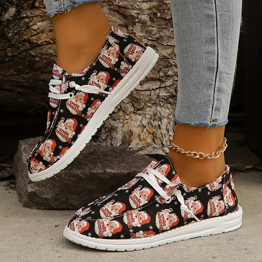 Women's Santa Print Slip On Shoes Round Toe Flat Lightweight