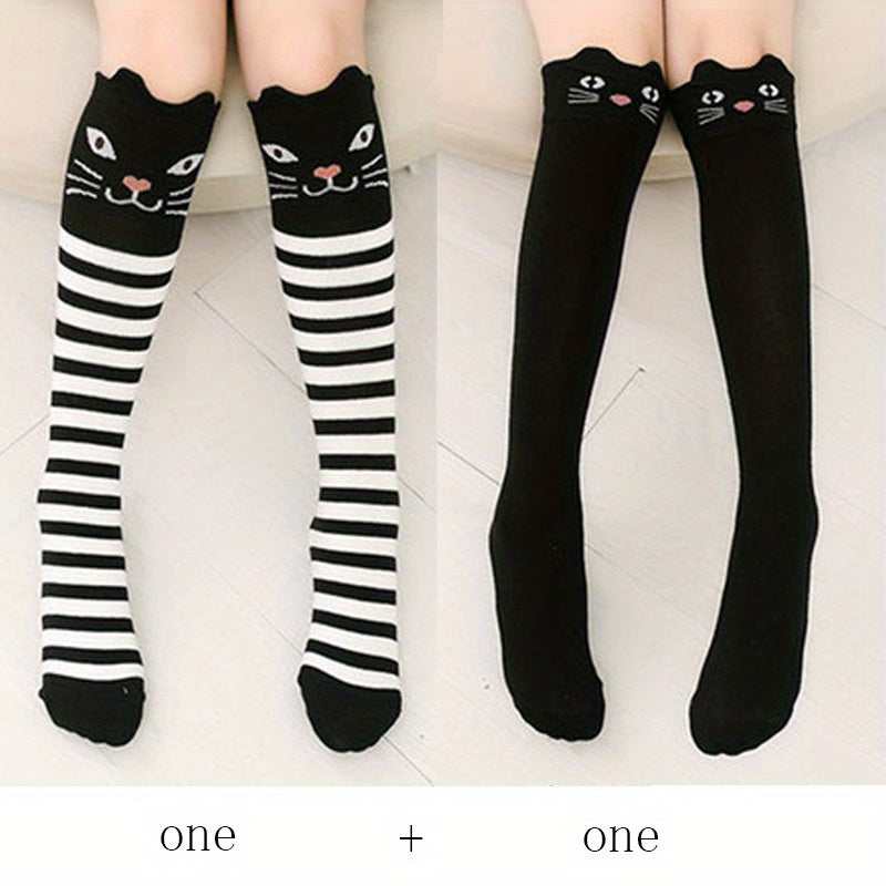 2 Pairs Kids Cat Over The Knee Socks Autumn Winter Girls Cartoon Socks