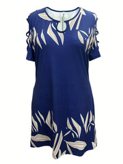 Women's Plus Leaf Print Ring Decor Round Neck Dress