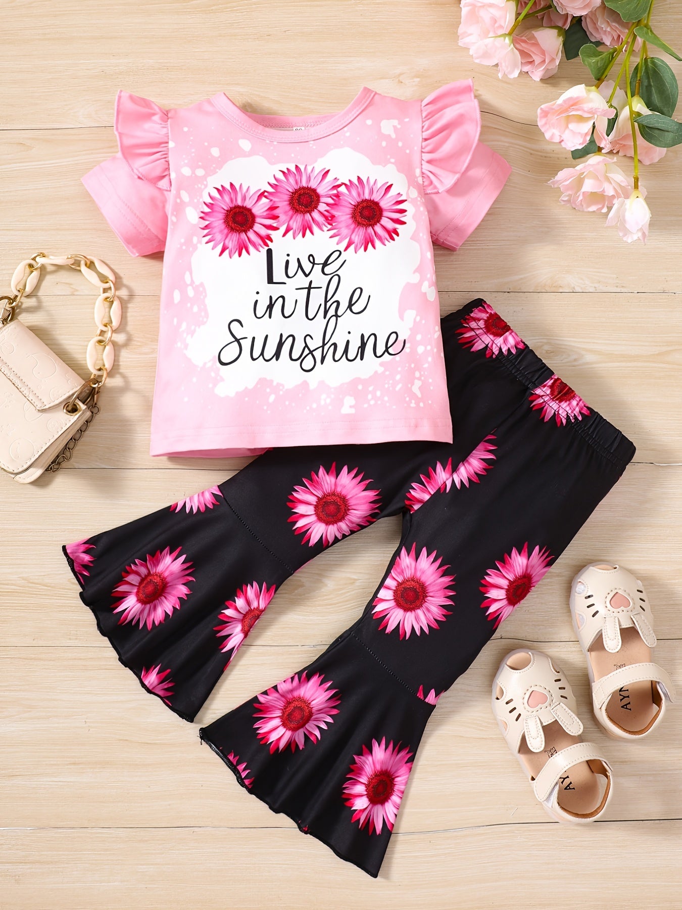 Girls Pink Sunflower Print Ruffles T-Shirt & Flare Leg Pants Set