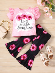 Girls Pink Sunflower Print Ruffles T-Shirt & Flare Leg Pants Set