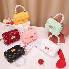 Girls Rhombus Texture Pearl Rhinestones Handbags Messenger Bag