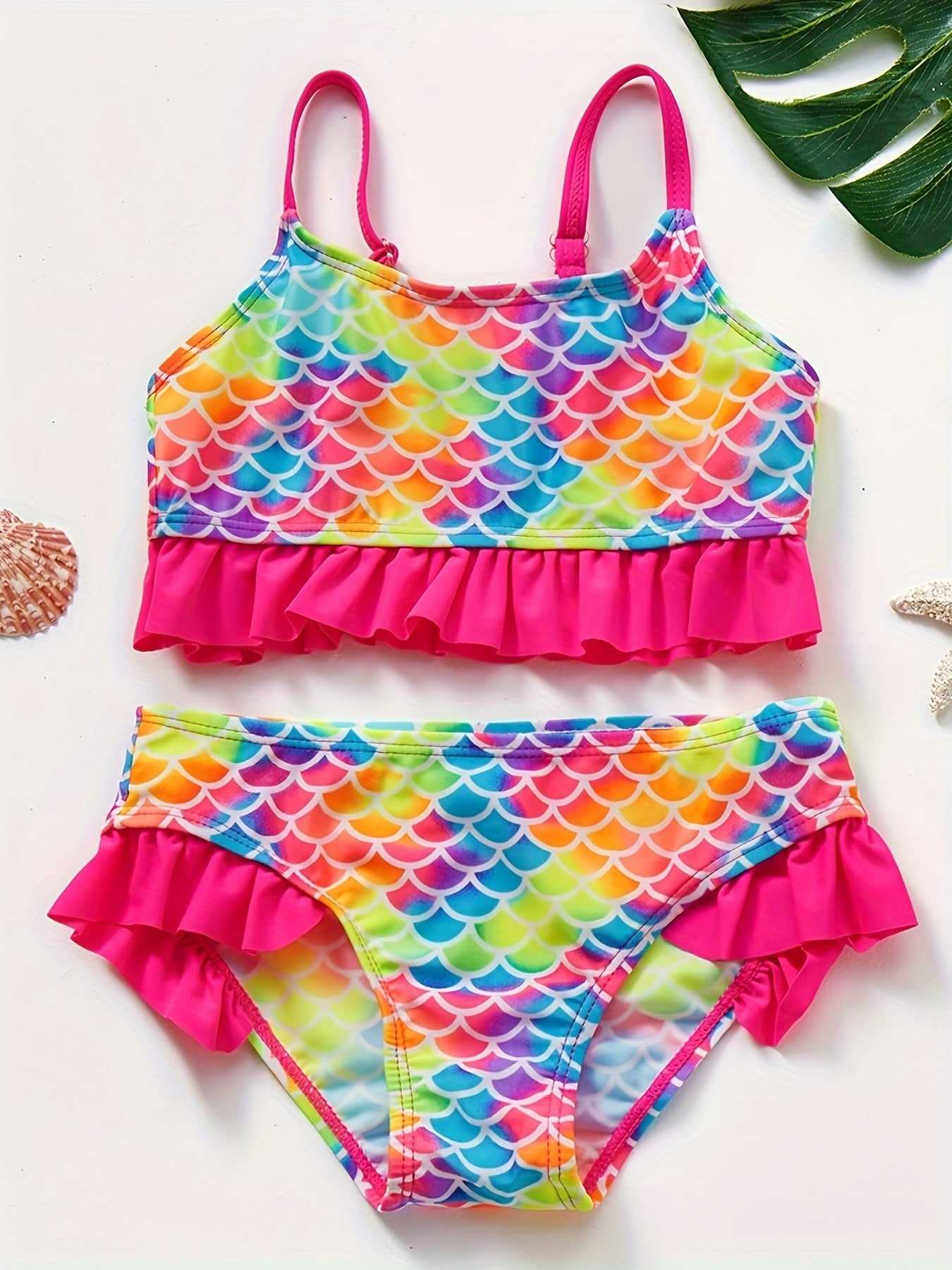Girls Swimsuit Stylish Fish Scale Print 3-12 Years Split Shorts & Top