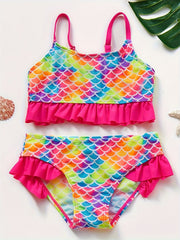 Girls Swimsuit Stylish Fish Scale Print 3-12 Years Split Shorts & Top