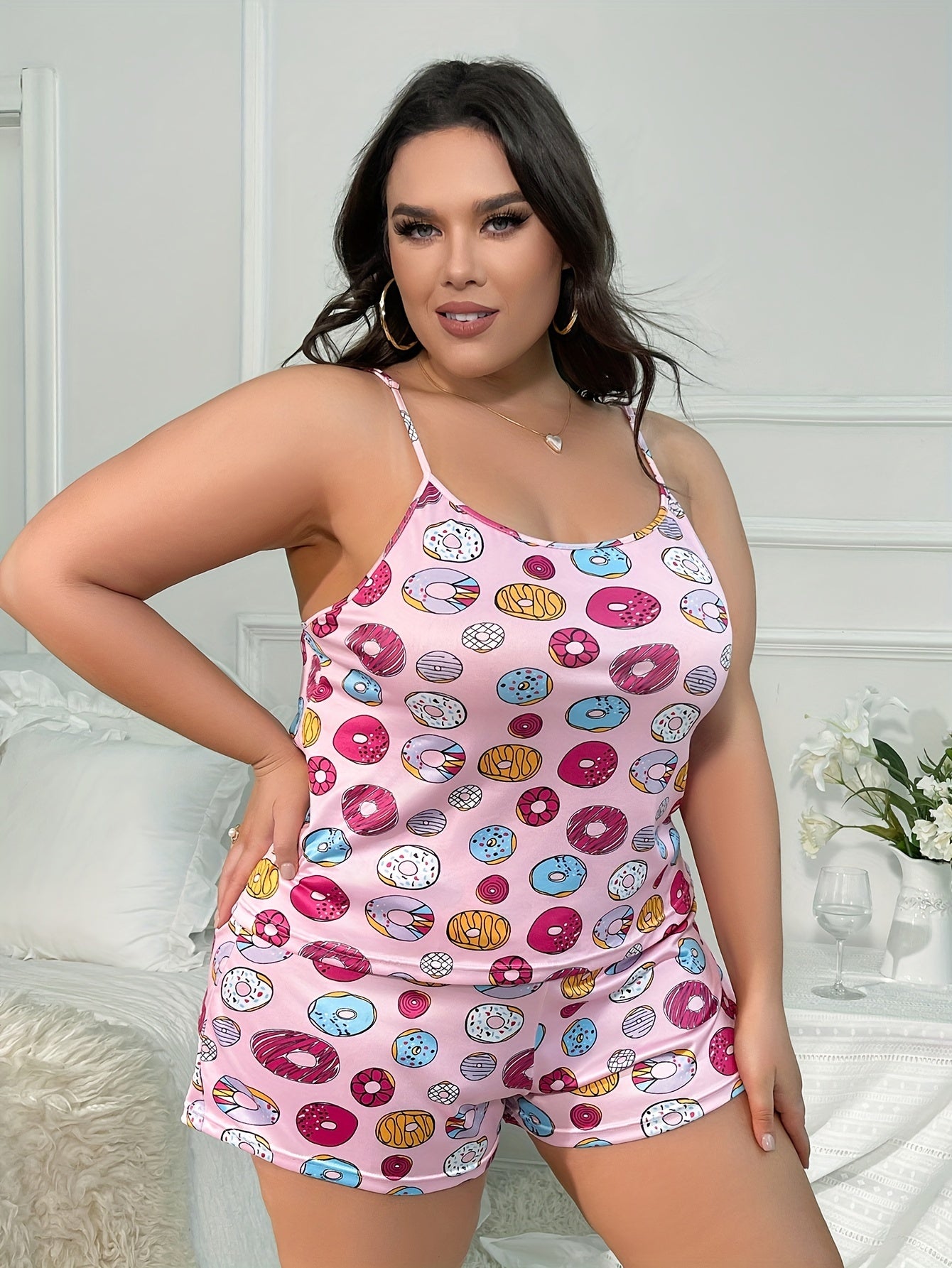 Donut Print Cami Top & Shorts Pajama Set