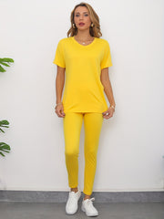 2pcs Casual Sports Suits Short Sleeve Crew Neck T shirts & Leggings Sets
