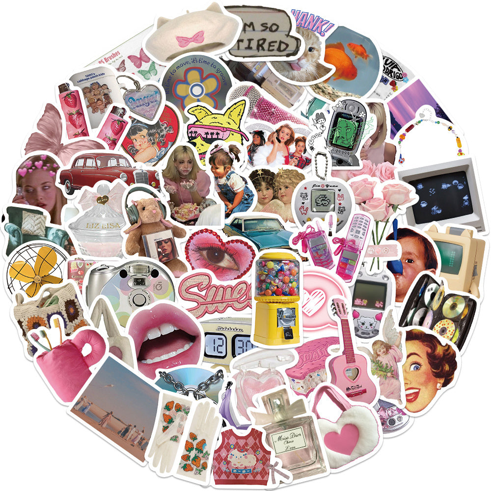 65pcs Retro Y2K Art Stickers Guitar Water Cup Scrapbook Laptop Gift Toy Stickers