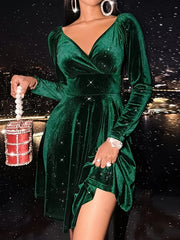 Velvet Ruched Long Sleeve V Neck A line Dress