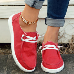 Women's Red Boat Shoes Lace up Comfortable Flat Canvas Shoes