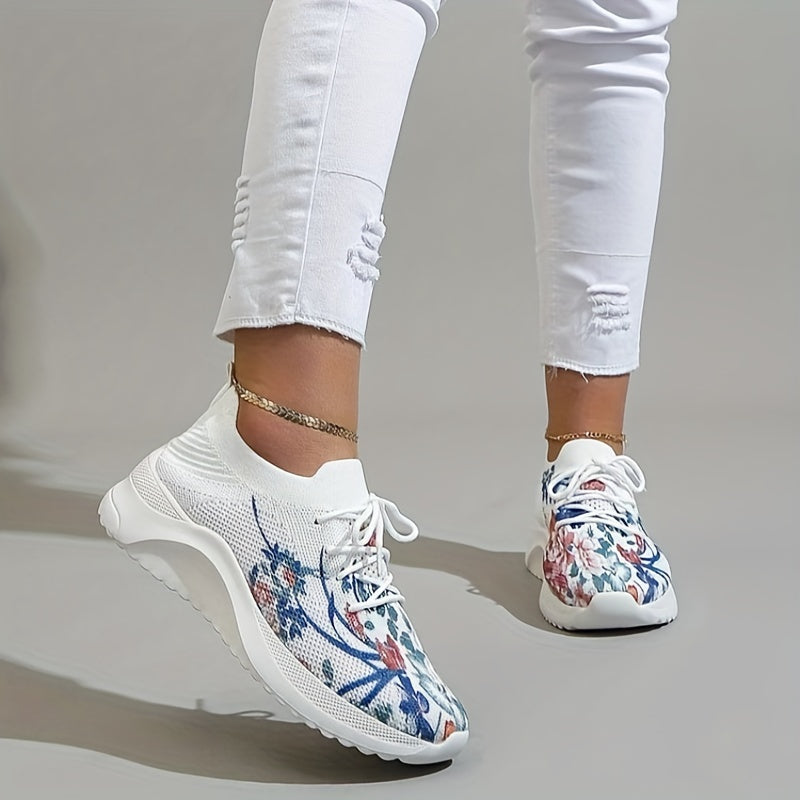 Floral Graphic Knit Sneakers Lace-Up Low Top Lightweight Shoes