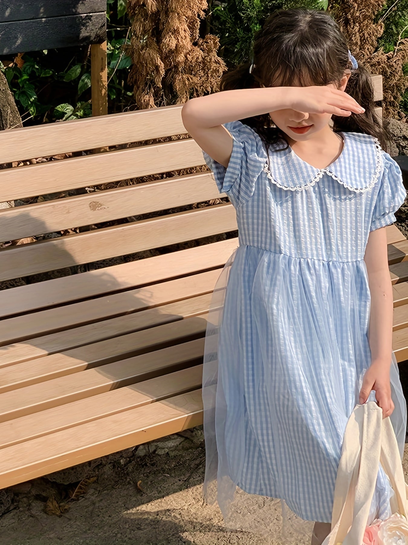 Girl's Plaid Bubble Sleeve Princess Dress for Summer Party