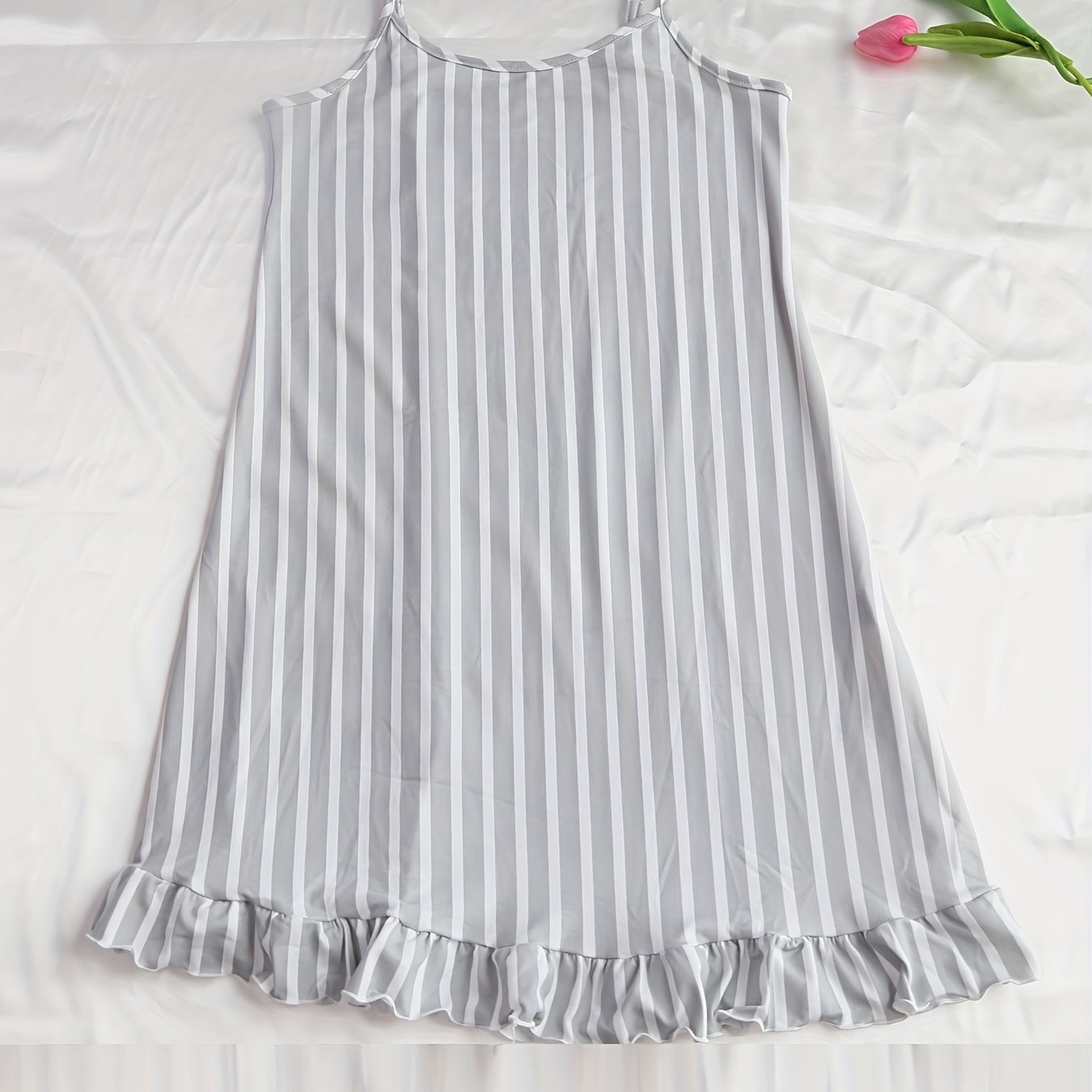 Striped Ruffle Slip Nightdress Crew Neck Spaghetti Strap Sleep Dress