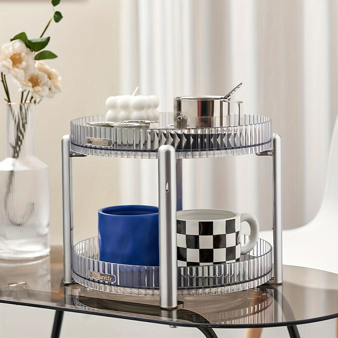2-tier Cup Storage Rack for Living Room - Rotatable Household Desktop Organizer