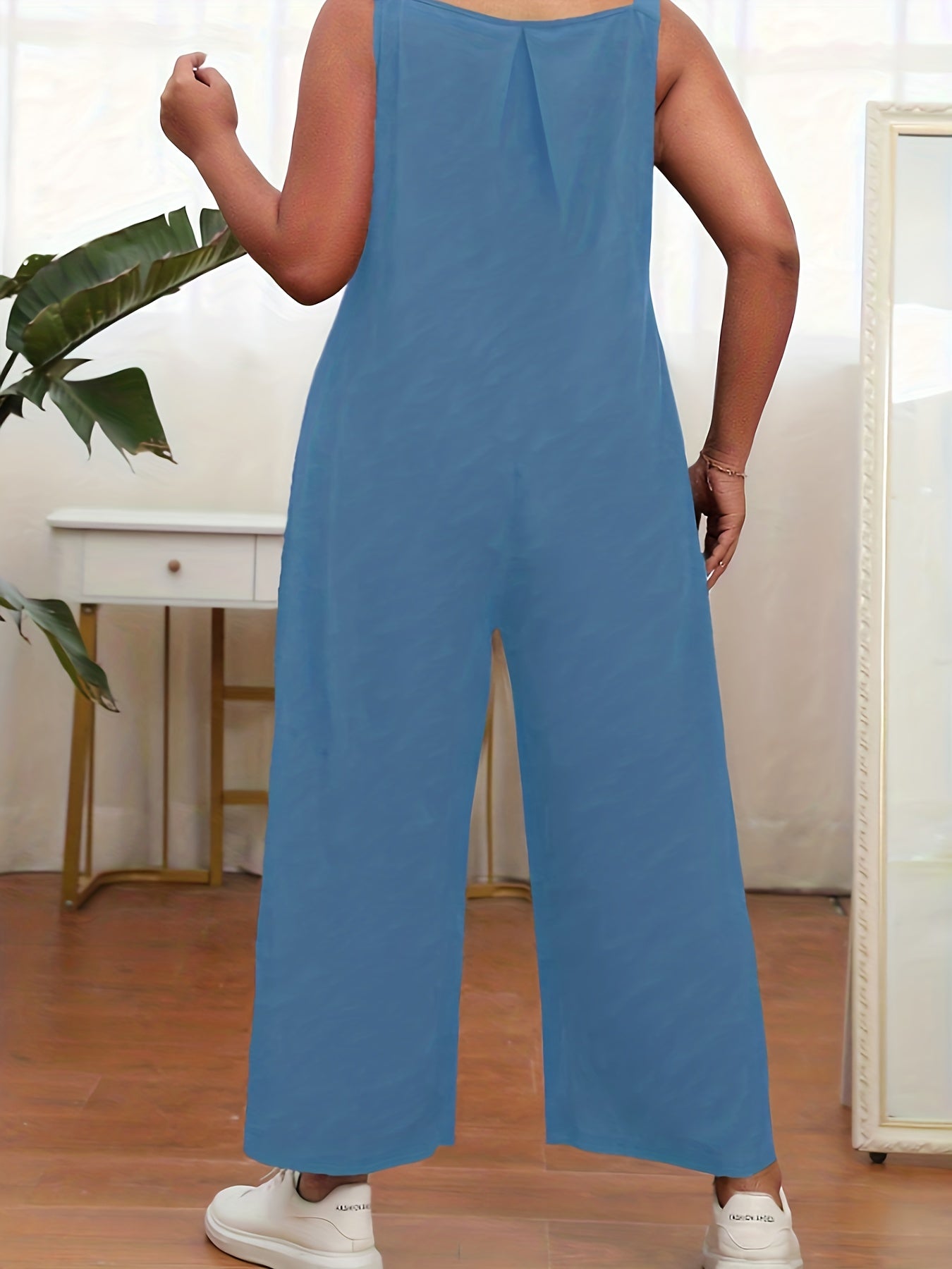 Casual Jumpsuit Women's Plus Solid Square Neck Loose Fit Wide Leg Tank