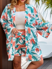Tropical Floral Print Two Piece Set Open Front Blouse & Elastic Waist Outfits