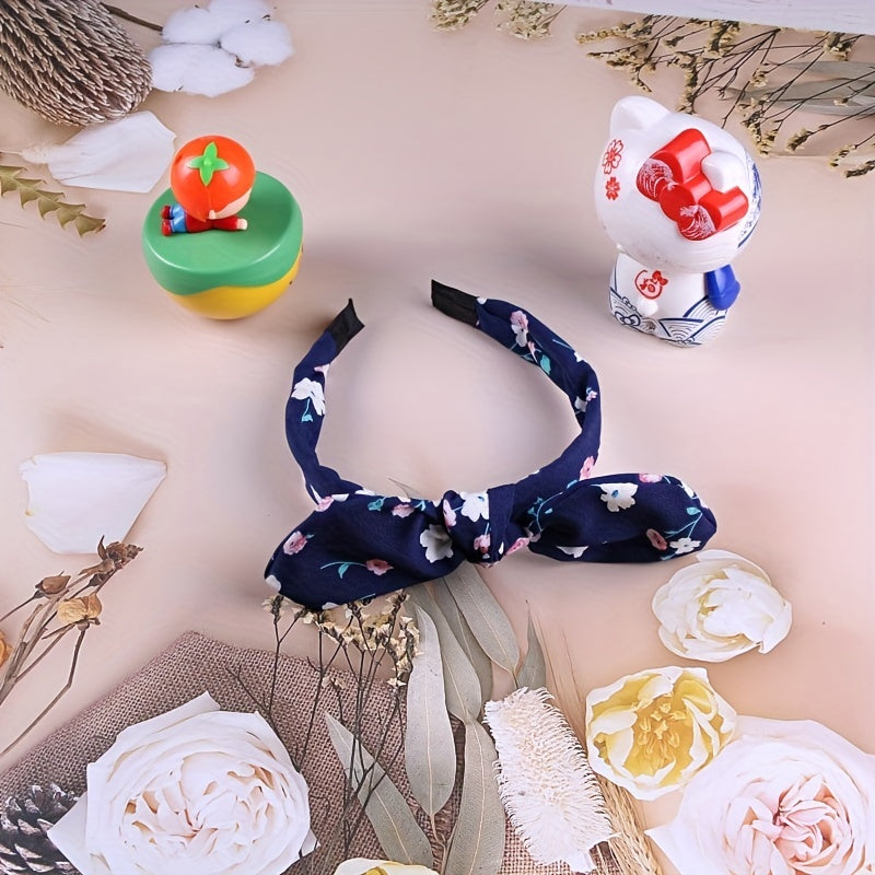 Navy Flower Printed Hair Pin Bow Hair Band Hair Accessories For Girls Women