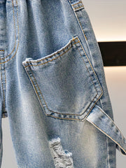 Boys Ripped Denim Jeans Cropped Pants with Pockets