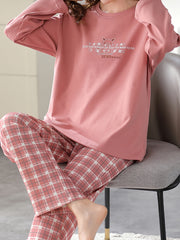 Letter Print Pajama Set Crew Neck Top & Plaid Pants Sleepwear
