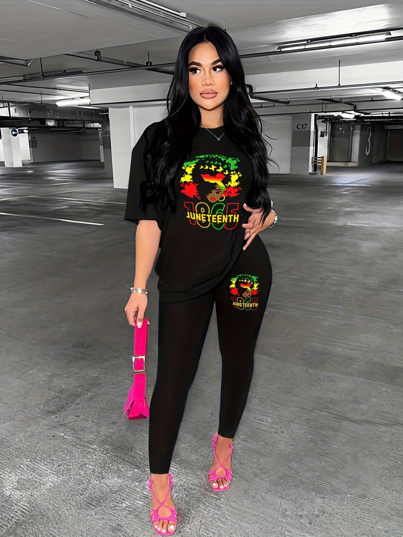 Graphic Print Two piece Set Drop Shoulder Short Sleeve T Shirt & Skinny Leggings