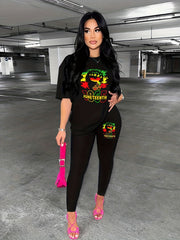 Graphic Print Two piece Set Drop Shoulder Short Sleeve T Shirt & Skinny Leggings