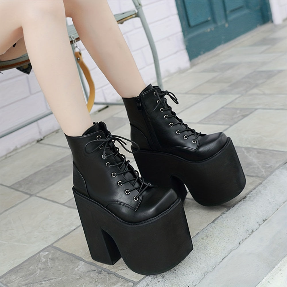 Y2K Style Short Boots Square Toe Lace Up Platform Shoes