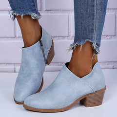 Women's Ankle Stacked Heel Short Boots V Cut Side Zipper
