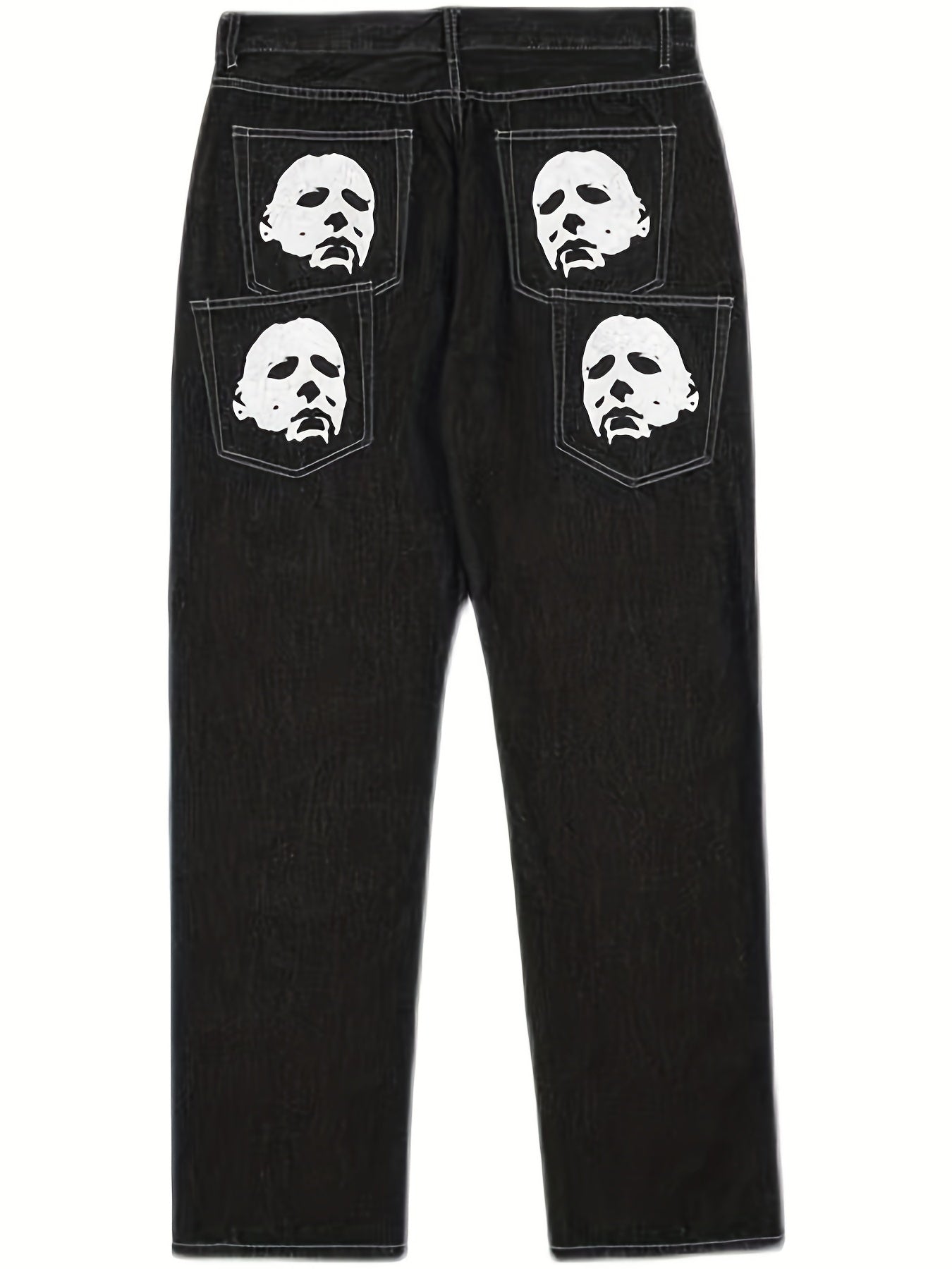 Face & Bat Pattern Loose Fit Jeans Men's Casual Street Style Denim Pants