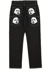 Face & Bat Pattern Loose Fit Jeans Men's Casual Street Style Denim Pants