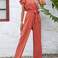 Ruffle Trim Tie Waist Jumpsuit Solid V neck Straight Leg Jumpsuit