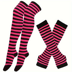 2 Pairs Set Long Over Knee Socks Colorful Striped Gloves Set