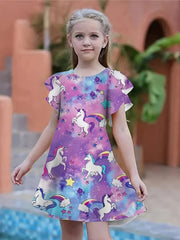 Girls Unicorn Print Dress Ruffle Trim Spring Summer Party Holiday Gift