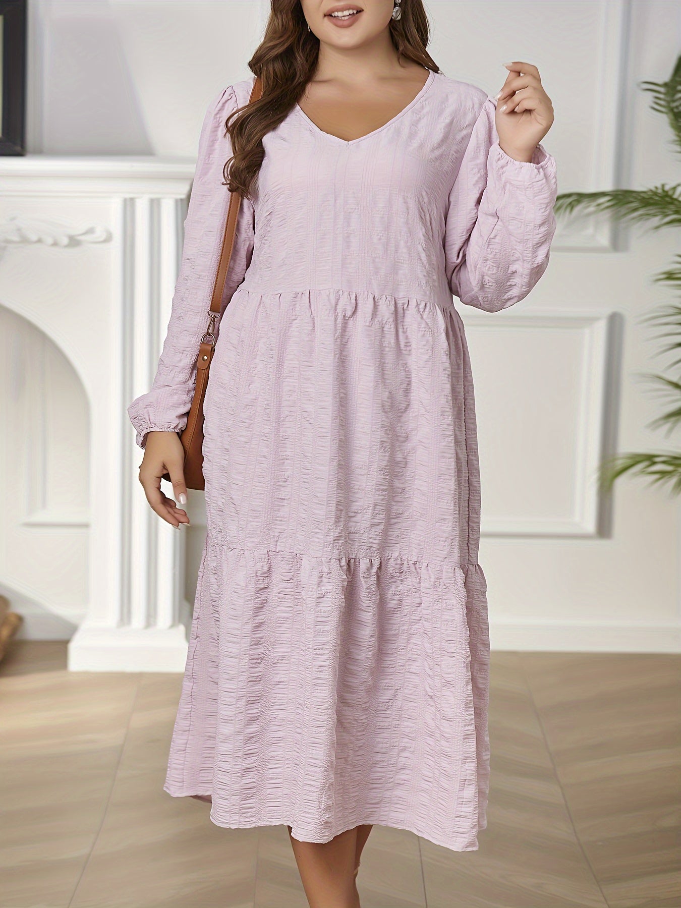 Solid Long Sleeve V Neck Midi Dress
