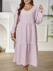 Solid Long Sleeve V Neck Midi Dress