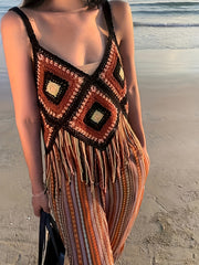 Crochet Beachwear Top Fringe Trim Hollow Out V Neck Cami Women's Swimwear